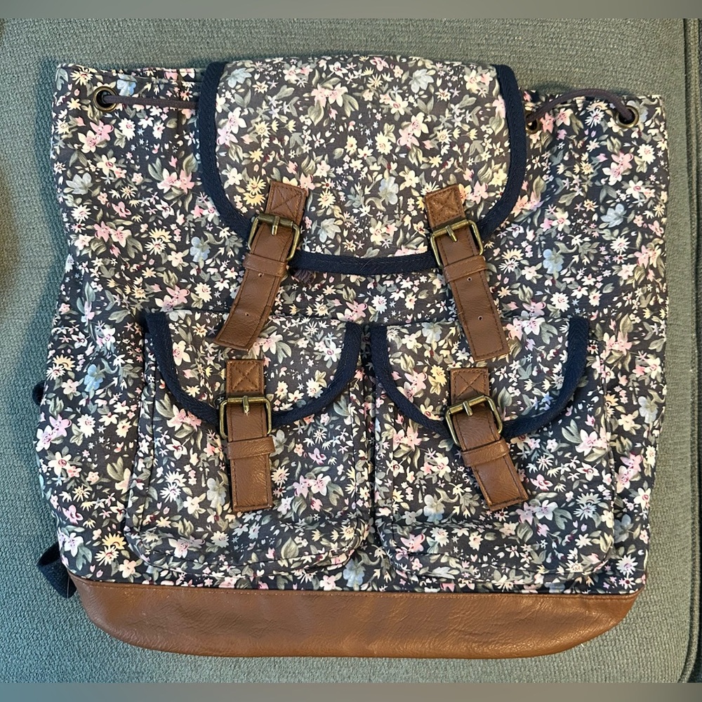 Candie's Navy/Multi Floral Canvas/Faux Leather Trim Cargo Backpack
